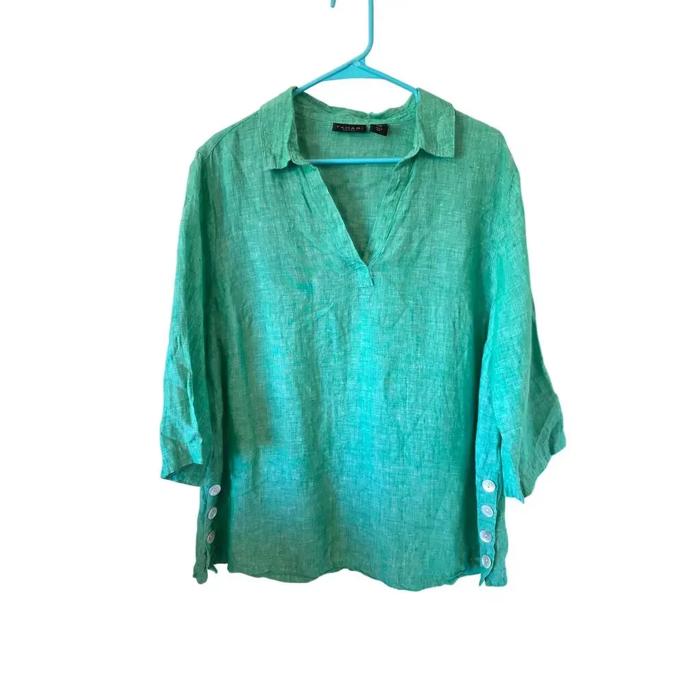 Tahari Womens 3/4 Sleeve Linen Blouse Plus Size 1X Green